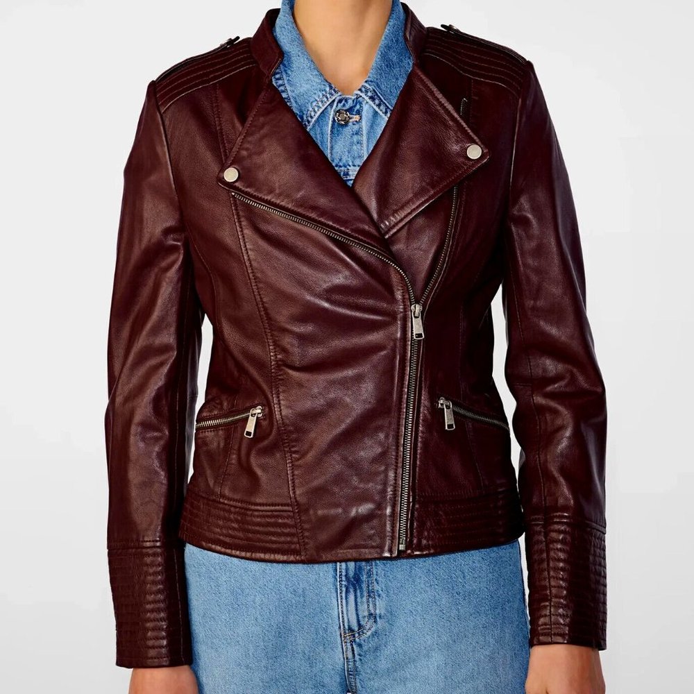 Wilsons Leather Burgundy Maroon Leather Moto Biker Jacket Size S No tags perfect